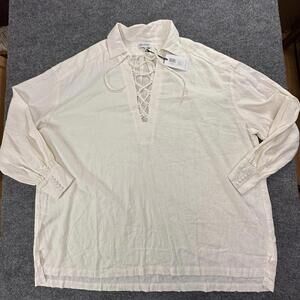 WEWOREWHAT Lace-Up Caftan‎ Linen Solid Off White Blouse, Size L #330